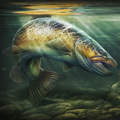 Brown Trout illustration in a shallow stream going after a fly lure.