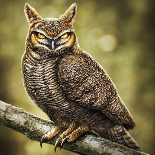 Illustration of an intense looking Great Horned Owl shown perched in a branch.