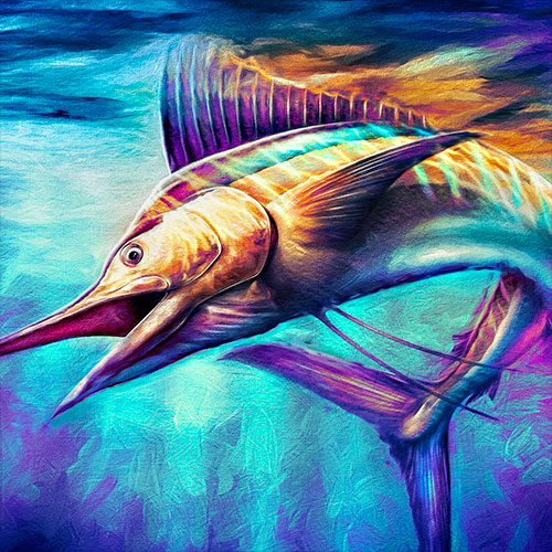 On this colorful illustration of a Marlin, I was going for more of a painterly feel with larger brush strokes.