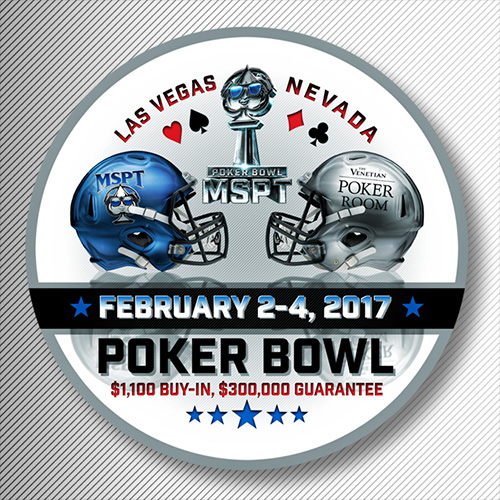 Buttons and logo graphic for the 1st Annual Poker Bowl, held at the Venetian Poker Room in Las Vegas during Super Bowl week, 2017.