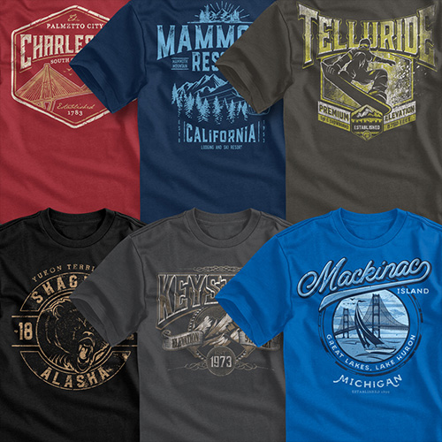 T-shirt designs for various resorts around the United States.