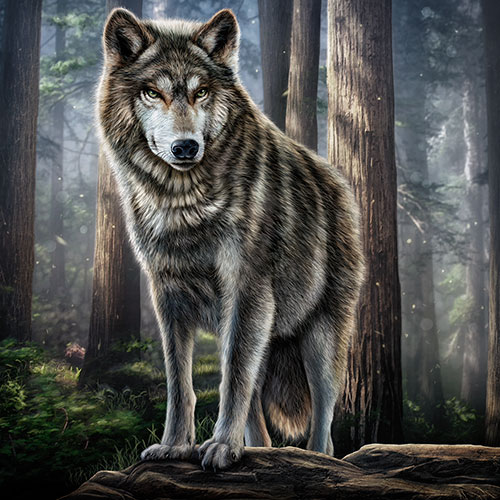 Digital illustration of a grey wolf in a forest, used in a t-shirt mockup for Cabela's.