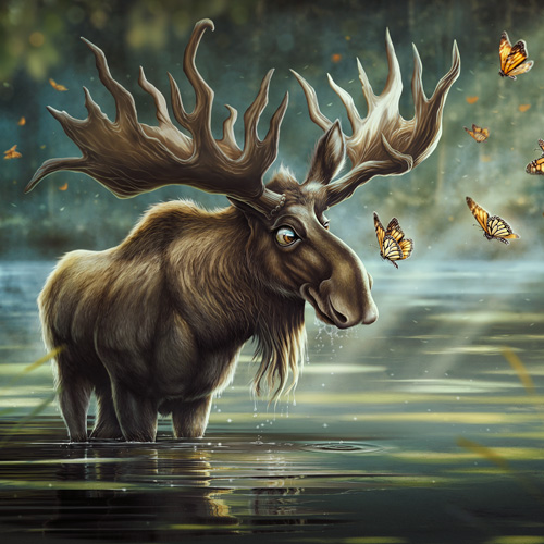 Stylized painting of a curious moose, inspired after a trip to the Minnesota Zoo.