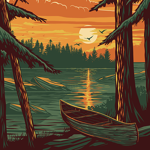 Vintage looking vector landscape, created with Adobe Illustrator and Photoshop.