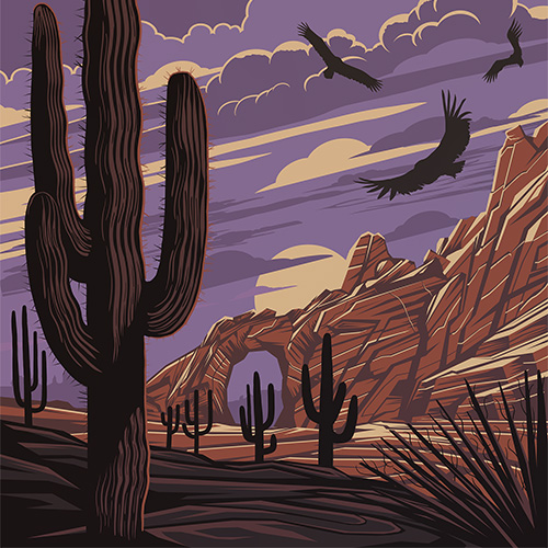 Vintage looking vector landscape, created with Adobe Illustrator and Photoshop.
