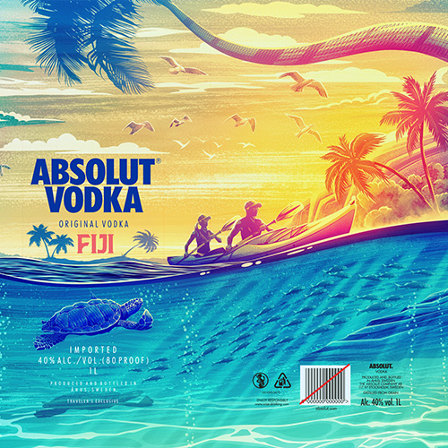 Design and illustration for Absolut Vodka's 'Limited Edition Bottle Bags' packaging contest on Talenthouse. This design was the competition winner in the Fiji category, and will be used on upcoming packaging for Absolut Vodka. Vector artwork created in Adobe Illustrator, and then colored and textured in Adobe Photoshop.